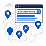 Illustration einer stilisierten Karte von Freising mit blauen Standort-Pins und Icons für Zahnarzt, Handwerk und Café sowie einem Browserfenster mit der Suche „SEO Freising“.