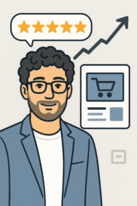 Illustration eines Mannes mit lockigen Haaren und Brille im hellblauen Sakko, daneben ein Shop-Fenster mit Warenkorb-Icon und eine Sprechblase mit fünf gelben Sternen als Bewertung für die SEO Agentur Freising.