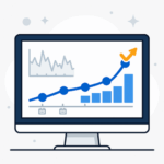 Illustration eines Desktop-Monitors mit zackiger grauer Kurve und einer ruhigen, ansteigenden blauen Linie mit orangem Haken als Symbol für stabile SEO-Rankings in Freising.