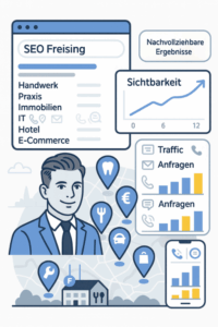 nfografik mit Taro Hensley als Berater, einem Browserfenster „SEO Freising“, Sichtbarkeitsdiagramm, Branchenliste und Karte mit Standort-Pins für lokale Unternehmen in Freising.