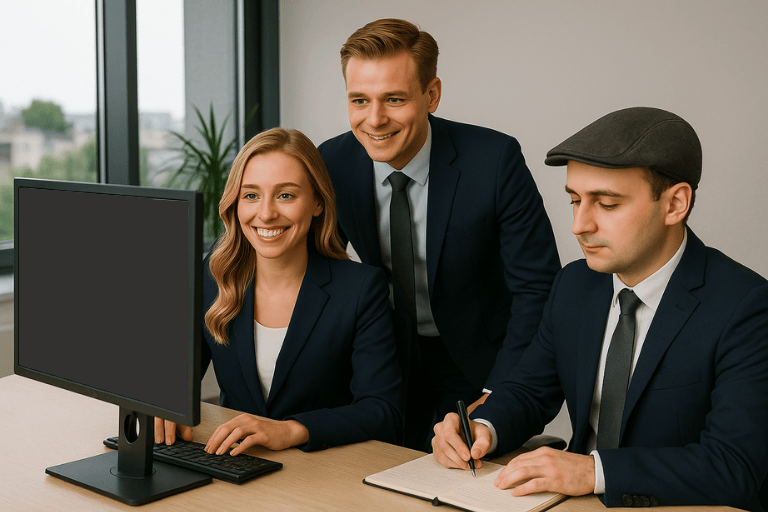 Livia Fontaine, Taro Hensley und Leander Falk sitzen gemeinsam im Büro vor einem Monitor mit SEO-Freising-Text und arbeiten an einer Optimierungsstrategie.