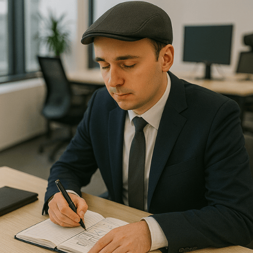 Leander Falk sitzt im modernen Büro und zeichnet einen Webseiten-Prototyp in ein Notizbuch für ein SEO-Projekt in Freising.