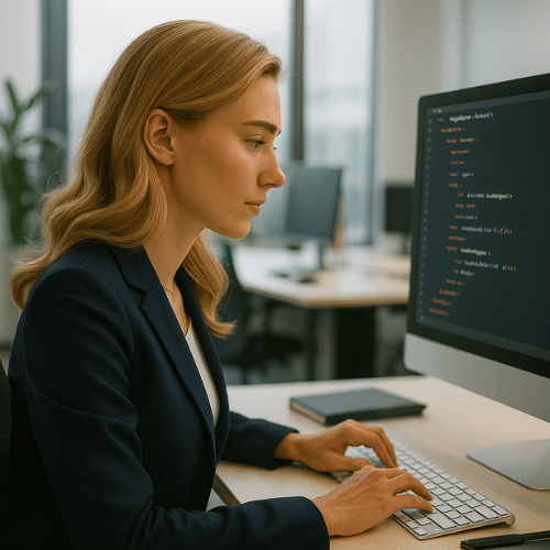 Livia Fontaine sitzt im modernen Büro vor einem Monitor und programmiert eine HTML-Website für die SEO Agentur Freising.
