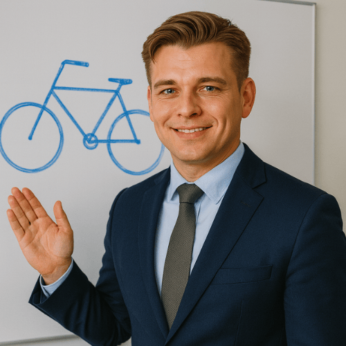 Taro Hensley steht im Meeting vor einem Whiteboard mit einer Linienzeichnung und erläutert lächelnd eine Strategie der SEO Agentur Freising.